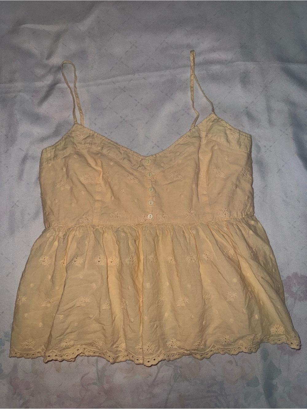 Light Yellow Eyelet Button-Front Cami Top with Adjustable Straps